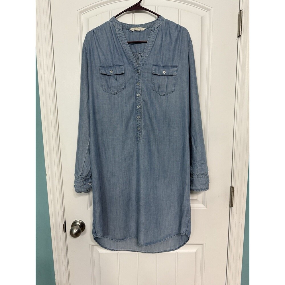 Boston Proper Denim Tunic Shirt Dress Size 4 Long Sleeve Coastal Preppy